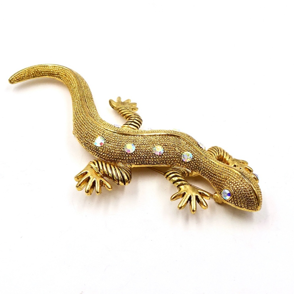 RHINESTONE LIZARD PIN BROOCH Gold Tone Salamander Gecko - Picture 3 of 8